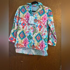 NWT  Vilagallo Women's Long Sleeve Collared Ikat Watercolor Shirt Top Size 36